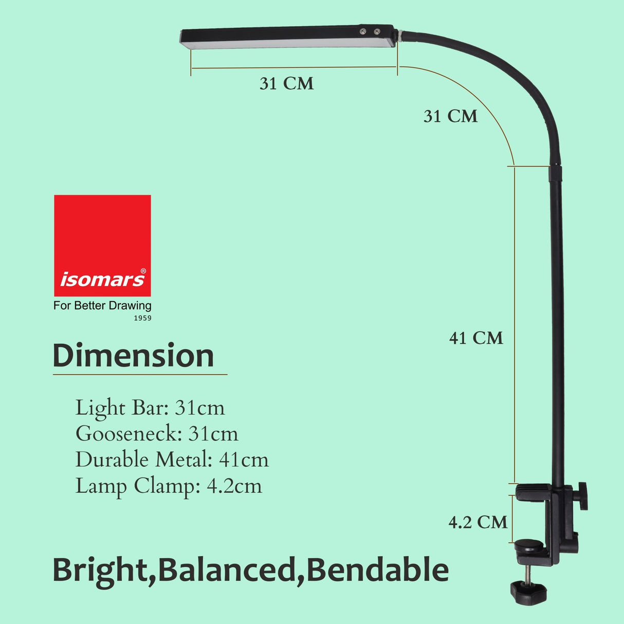 Isomars Desktop Table lamp, Overhead LED Desk Lamp Light, Table Holding clamp, Study, Computer lamp, 12" Light bar Flexible Gooseneck, 3 Color Mode, for Desktop, Bedroom, Office, Reading, etc - Isomars