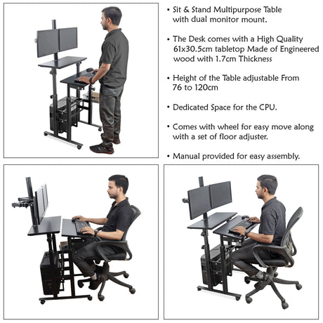 Isomars Desktop Table with dual Monitor Mount - Adjustable Height & Angles, Computer Workstation Useful for Gadgets Like Desktop, Laptop- Made in India (Black). - Isomars