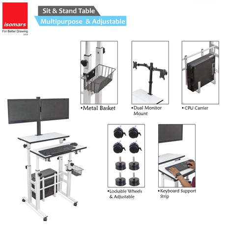 Isomars Desktop Table with dual Monitor Mount - Adjustable Height & Angles, Computer Workstation Useful for Gadgets Like Desktop, Laptop- Made in India (white). - Isomars