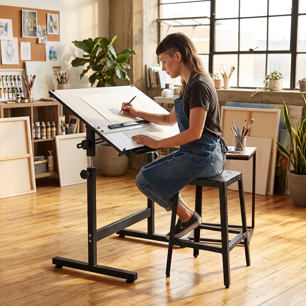 Isomars Drafting Metal Stool - Detachable Stool for Engineers, Architects, Draughtsman with 24" Height & Seat Size 10.5" Full Metal Body (Black) - Isomars