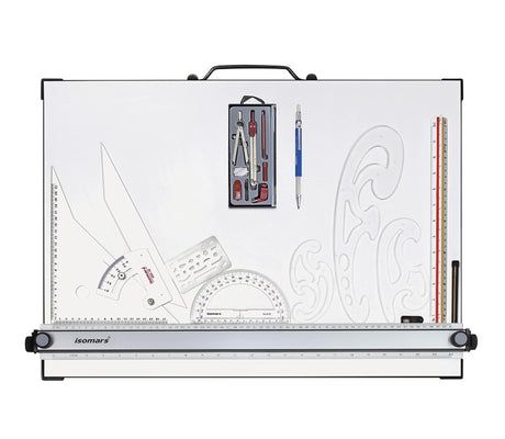 Isomars Drawing and Drafting Architect Kit Comes with Technical Board With Parallel Motion Ruler - A2 Size - 18.5" x 25" Includes Set Square, Mechanical Pencil, French Curve, Technical Compass - Isomars