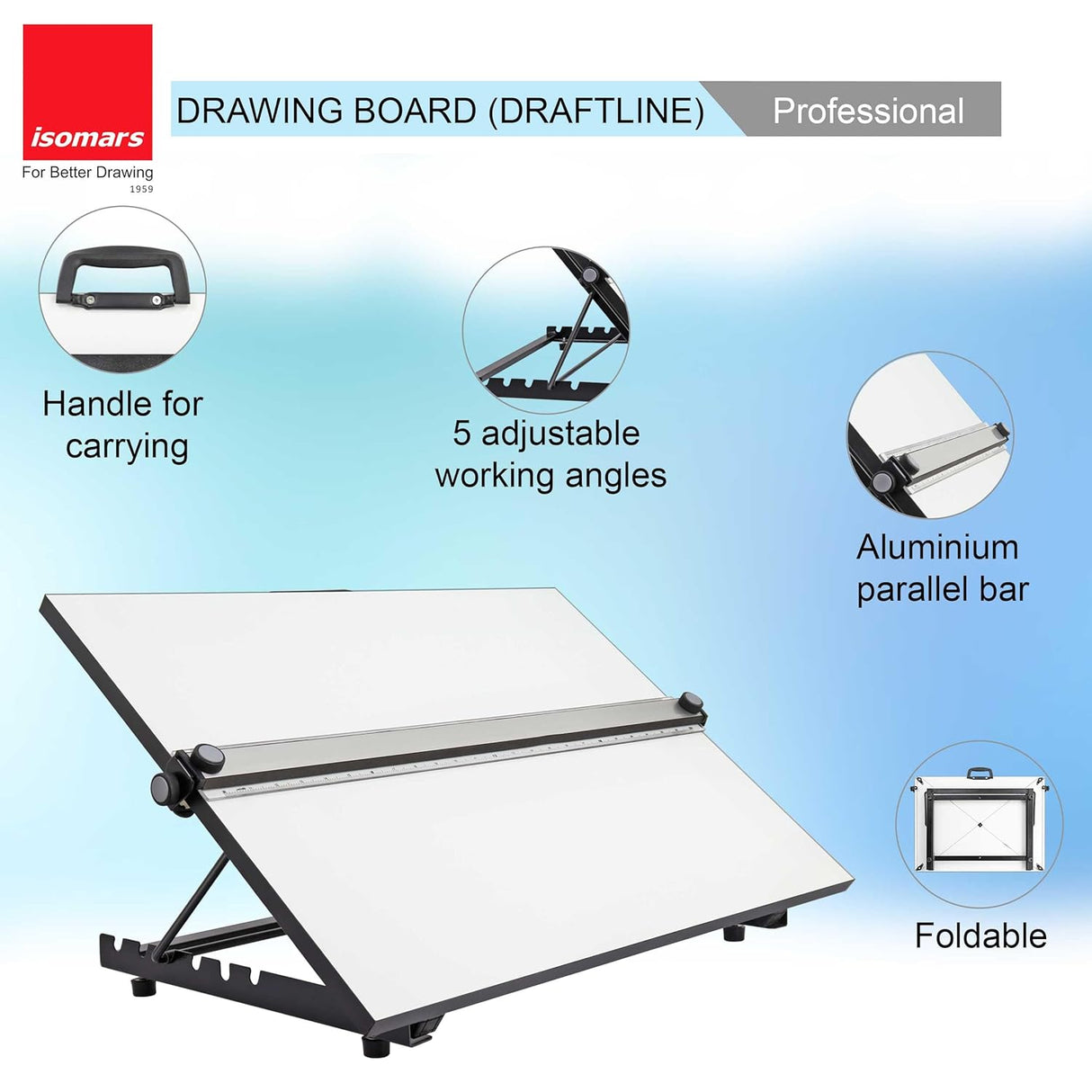 ISOMARS Drawing Board Table with Parallel Motion A1 Size 25.5 x 35 Inches | Professional Drafting & Technical Drawing Board - Isomars