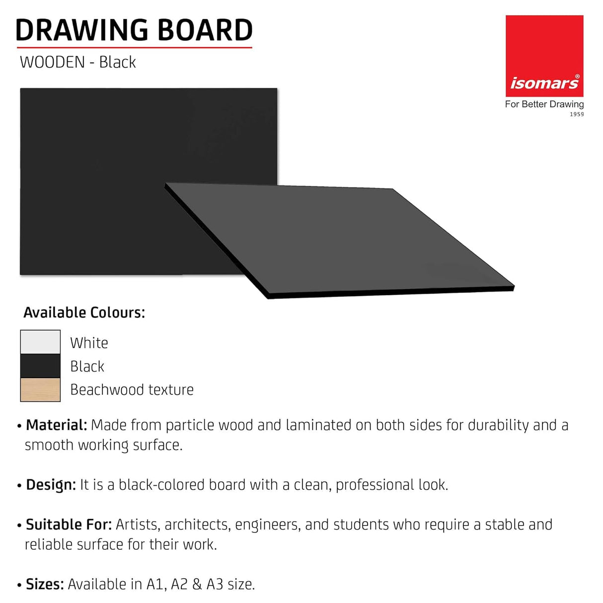 Isomars Drawing Both Side Laminated Black Board - Full Imperial A1 (25.5x35 Inch) Size Board – for Artists, Architects, Engineers, Draftsmen Etc. - Isomars
