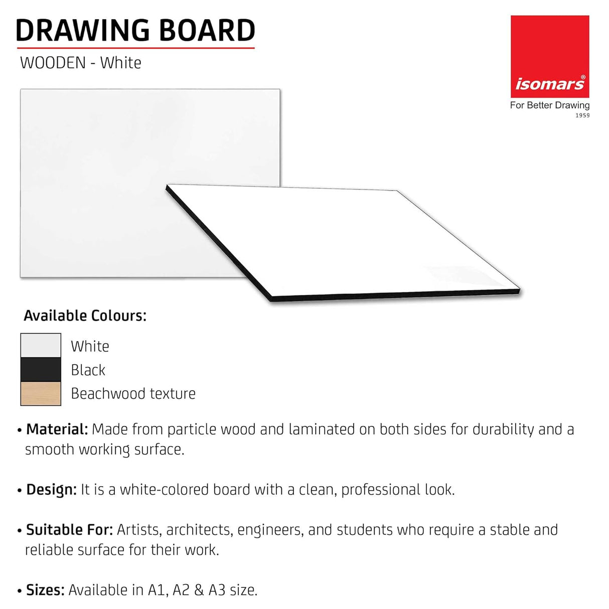 Isomars Drawing Both Side Laminated White Board - Full Imperial A1 (25.5x35 Inch) Size Board – for Artists, Architects, Engineers, Draftsmen Etc. - Isomars