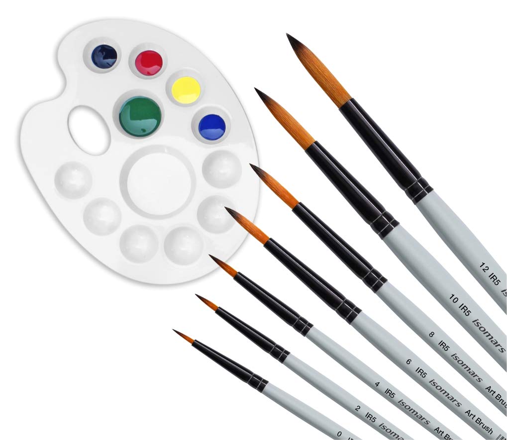 Isomars Drawing Brush Set Round Set of 7 with Colour Palette | Premium Golden Taklon Synthetic Artist Brushes with White Mixing Palette for Acrylic, Watercolor, Oil & Face Painting - Isomars