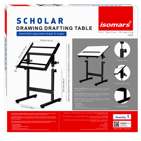 Isomars Drawing Drafting Board Table - Scholar Adjustable Height & Angle with White Laminated Plain Board 25.5"x35" - Isomars