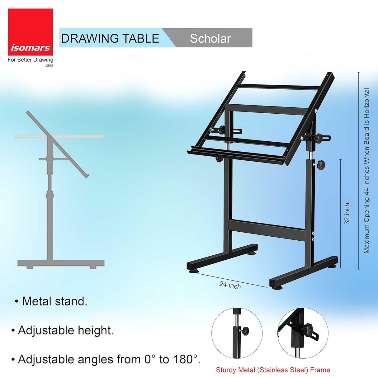 Isomars Drawing Drafting Board Table - Scholar with Parallel Ruler A1 White Laminated Board 25.5"x35" and Drafting Metal Stool Set | Complete Engineer, Draughtsman. Architects Drafting Set - Isomars