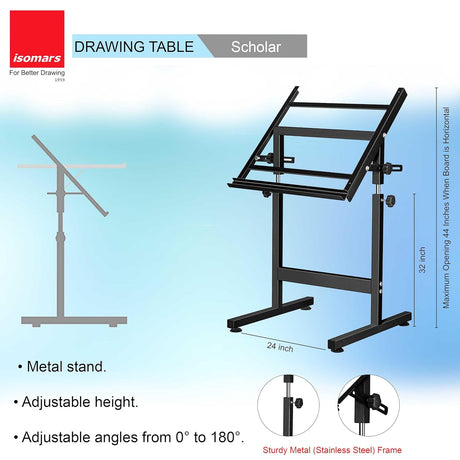 Isomars Drawing Drafting Board Table - Scholar with Parallel Ruler A1 White Laminated Board 25.5"x35" and Drafting Metal Stool Set | Complete Engineer, Draughtsman. Architects Drafting Set - Isomars