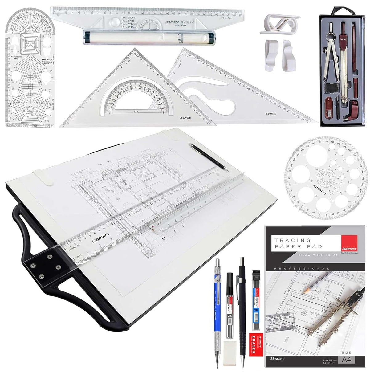 Isomars Drawing & Drafting Kit with 18.5" x 25" Drawing Board Drafting Board, Engineering Template, Pencil, Compass Set, T-Scale-24 Set Square Tracing Paper Pad-A4 Pro-Circle & Rolling Ruler - Isomars