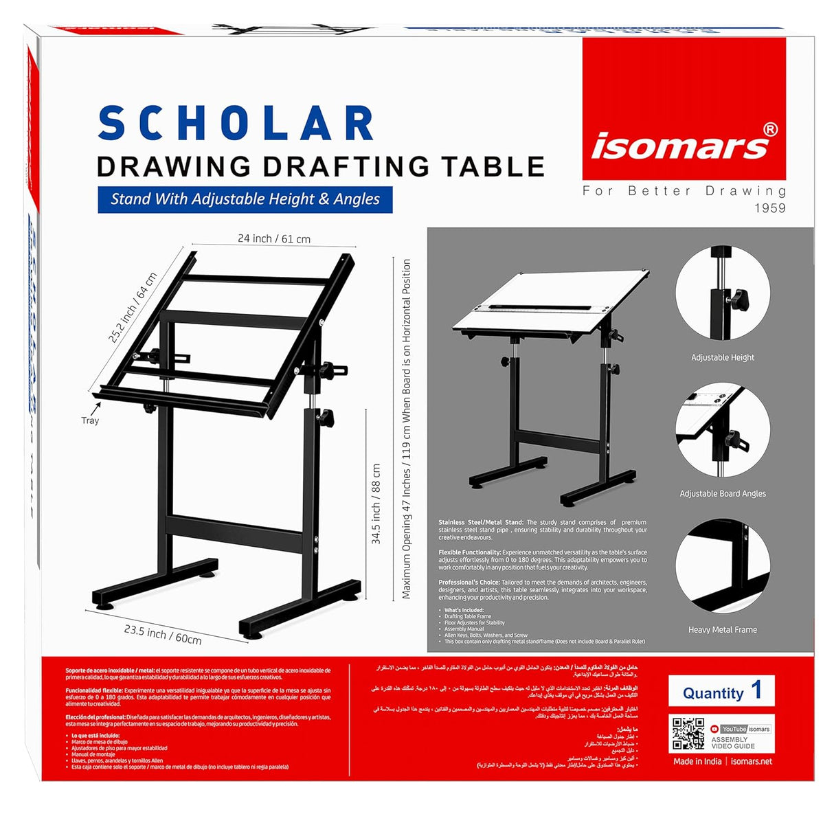 Isomars Drawing & Drafting Table - Scholar | with A1 25.5x35 Inch Size Black Laminated Board | Adjustable Height & Angle | Ideal for Engineers, Architects, Draftsmen, Designers Etc. - Isomars