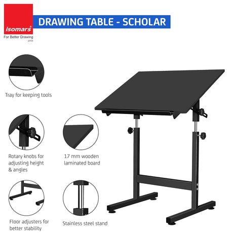Isomars Drawing & Drafting Table - Scholar | with A1 25.5x35 Inch Size Black Laminated Board | Adjustable Height & Angle | Ideal for Engineers, Architects, Draftsmen, Designers Etc. - Isomars