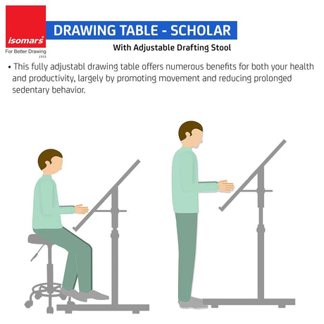 Isomars Drawing & Drafting Table - Scholar | with A1 25.5x35 Inch Size Black Laminated Board | Adjustable Height & Angle | Ideal for Engineers, Architects, Draftsmen, Designers Etc. - Isomars
