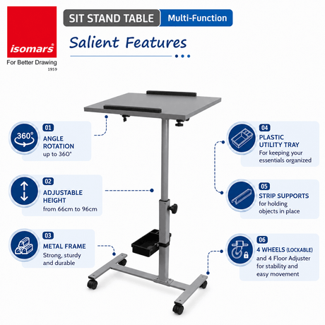 Isomars Engineered Wood Standing Table | Adjustable Height & Angle Multipurpose Laptop Study Desk with Lockable Wheels | Sit Stand WFH, Online Class, Breakfast & Bedside Table (Grey) - Isomars