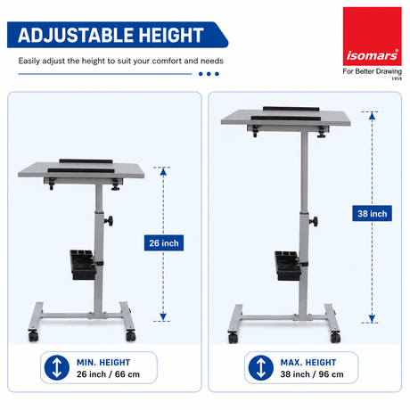 Isomars Engineered Wood Standing Table | Adjustable Height & Angle Multipurpose Laptop Study Desk with Lockable Wheels | Sit Stand WFH, Online Class, Breakfast & Bedside Table (Grey) - Isomars
