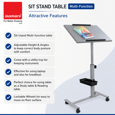 Isomars Engineered Wood Standing Table | Adjustable Height & Angle Multipurpose Laptop Study Desk with Lockable Wheels | Sit Stand WFH, Online Class, Breakfast & Bedside Table (Grey) - Isomars