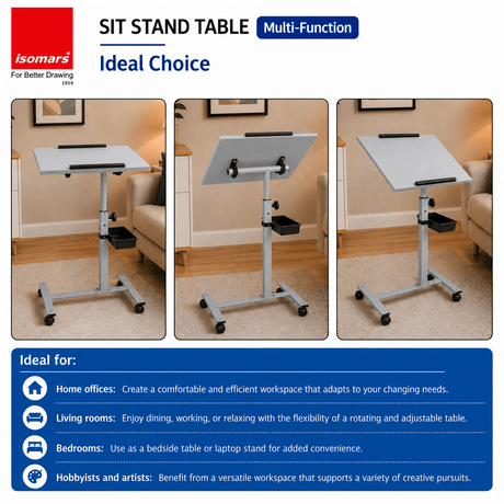 Isomars Engineered Wood Standing Table | Adjustable Height & Angle Multipurpose Laptop Study Desk with Lockable Wheels | Sit Stand WFH, Online Class, Breakfast & Bedside Table (Grey) - Isomars