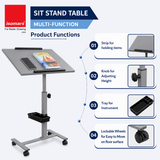 Isomars Engineered Wood Standing Table | Adjustable Height & Angle Multipurpose Laptop Study Desk with Lockable Wheels | Sit Stand WFH, Online Class, Breakfast & Bedside Table (Grey) - Isomars