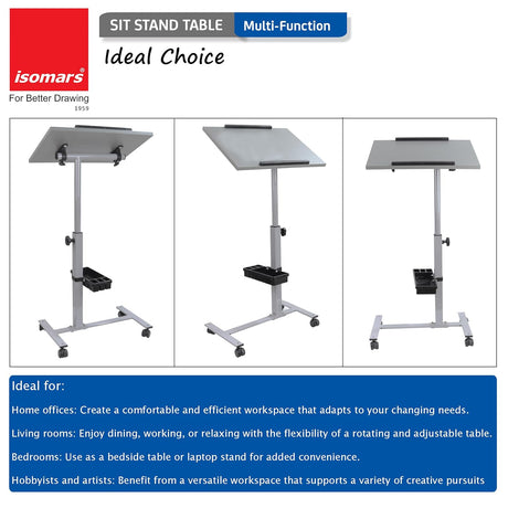 Isomars Engineered Wood Standing Table | Adjustable Height & Angle Multipurpose Laptop Study Desk with Lockable Wheels | Sit Stand WFH, Online Class, Breakfast & Bedside Table (Grey) - Isomars