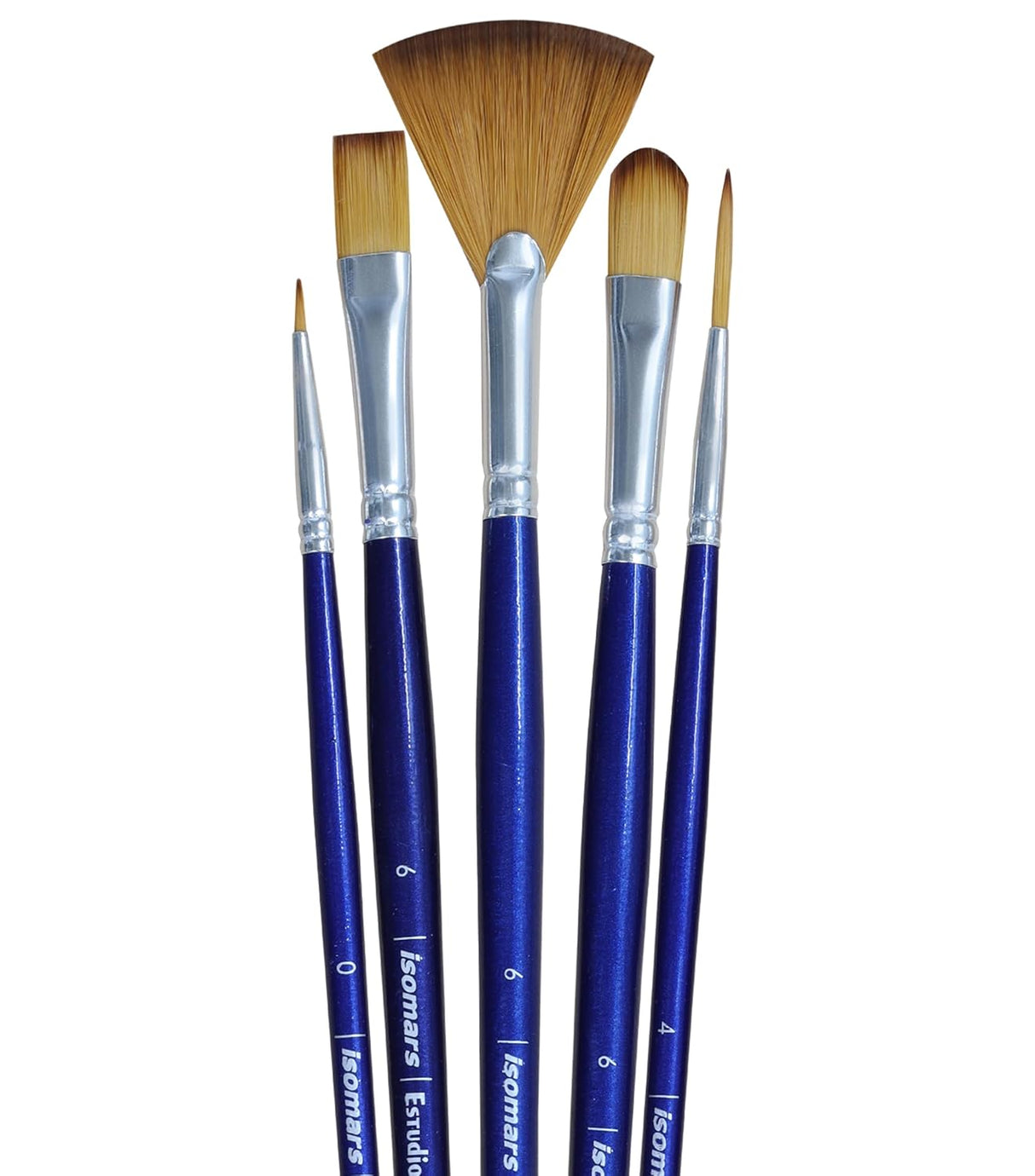 Isomars Estudio Art Brush Set of 5 | Professional Synthetic Long Handle Paint Brushes for Acrylic, Watercolor & Oil Painting | Flat, Fan, Oval, Round & Detail Artist Brushes for Blending, Shading & Fine Detailing - Isomars