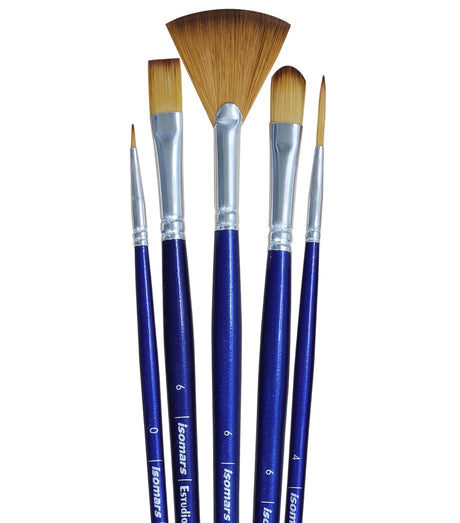 Isomars Estudio Art Brush Set of 5 | Professional Synthetic Long Handle Paint Brushes for Acrylic, Watercolor & Oil Painting | Flat, Fan, Oval, Round & Detail Artist Brushes for Blending, Shading & Fine Detailing - Isomars