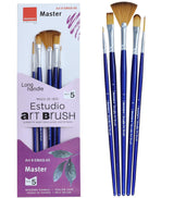 Isomars Estudio Art Brush Set of 5 | Professional Synthetic Long Handle Paint Brushes for Acrylic, Watercolor & Oil Painting | Flat, Fan, Oval, Round & Detail Artist Brushes for Blending, Shading & Fine Detailing - Isomars