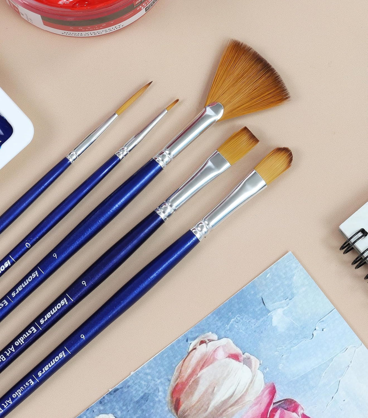 Isomars Estudio Art Brush Set of 5 | Professional Synthetic Long Handle Paint Brushes for Acrylic, Watercolor & Oil Painting | Flat, Fan, Oval, Round & Detail Artist Brushes for Blending, Shading & Fine Detailing - Isomars