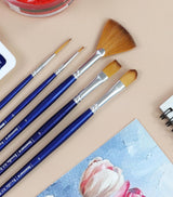 Isomars Estudio Art Brush Set of 5 | Professional Synthetic Long Handle Paint Brushes for Acrylic, Watercolor & Oil Painting | Flat, Fan, Oval, Round & Detail Artist Brushes for Blending, Shading & Fine Detailing - Isomars