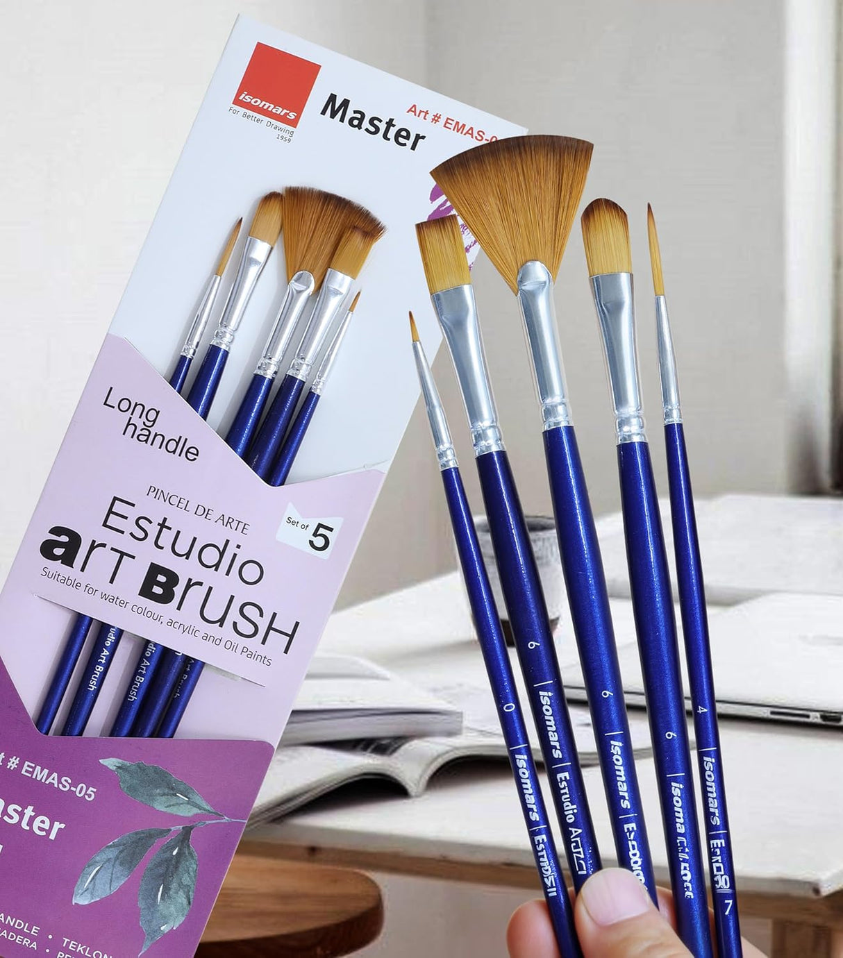 Isomars Estudio Art Brush Set of 5 | Professional Synthetic Long Handle Paint Brushes for Acrylic, Watercolor & Oil Painting | Flat, Fan, Oval, Round & Detail Artist Brushes for Blending, Shading & Fine Detailing - Isomars