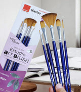Isomars Estudio Art Brush Set of 5 | Professional Synthetic Long Handle Paint Brushes for Acrylic, Watercolor & Oil Painting | Flat, Fan, Oval, Round & Detail Artist Brushes for Blending, Shading & Fine Detailing - Isomars