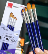 Isomars Estudio Filbert Paint Brush Set of 4 | Professional Synthetic Long Handle Filbert Artist Brushes for Blending, Soft Edges, Curved Strokes & Shading | Acrylic, Watercolor, Oil & Gouache Painting - Isomars