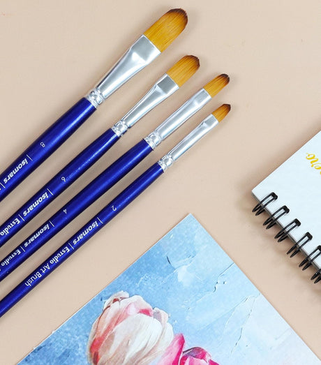 Isomars Estudio Filbert Paint Brush Set of 4 | Professional Synthetic Long Handle Filbert Artist Brushes for Blending, Soft Edges, Curved Strokes & Shading | Acrylic, Watercolor, Oil & Gouache Painting - Isomars