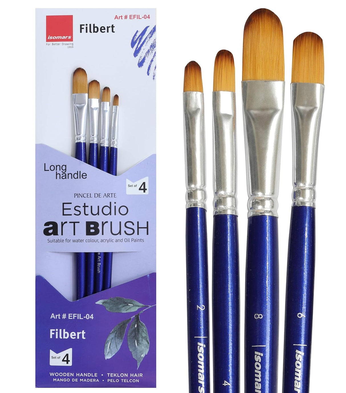 Isomars Estudio Filbert Paint Brush Set of 4 | Professional Synthetic Long Handle Filbert Artist Brushes for Blending, Soft Edges, Curved Strokes & Shading | Acrylic, Watercolor, Oil & Gouache Painting - Isomars