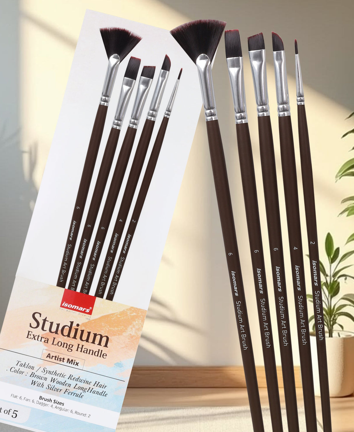 Isomars Extra Long Handle Artist Mix Paint Brush Set of 5 for Acrylic, Watercolor & Oil Painting - Isomars