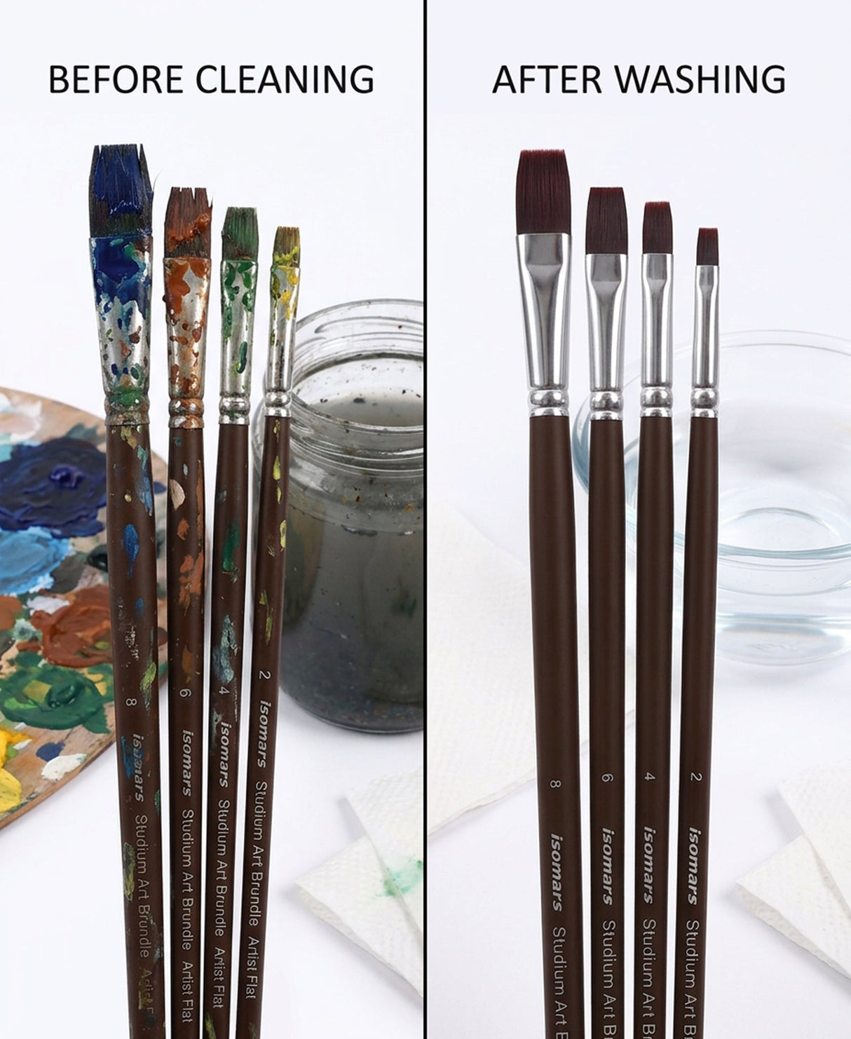 Isomars Extra Long Handle Flat Paint Brush Set of 4 for Acrylic, Watercolor & Oil Painting - Isomars