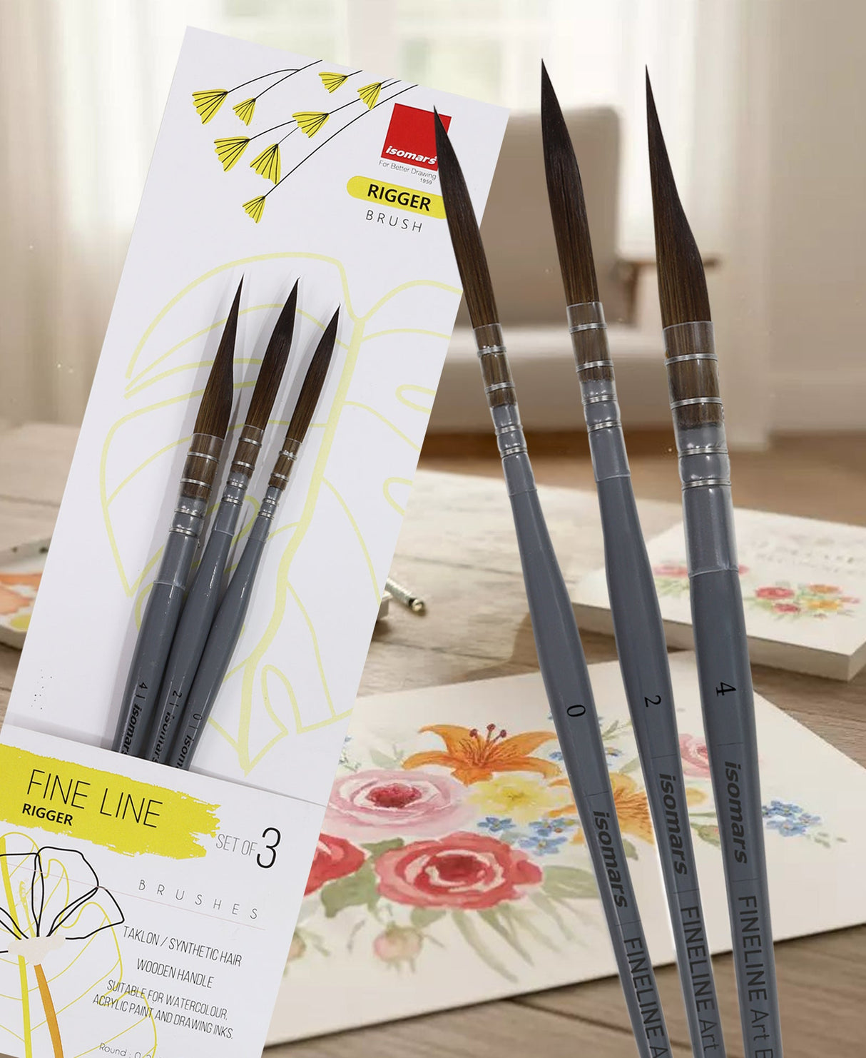 Isomars Fineline Rigger Brush Set of 3 for Watercolor & Long Stroke Painting - Isomars