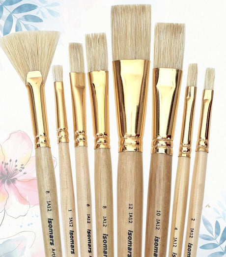 Isomars Flat Hog Hair Paint Brush Set of 8 with Fan Brush – Professional Long Handle Artist Brushes for Oil, Acrylic & Canvas Painting | Natural Bristles for Smooth, Even Strokes - Isomars
