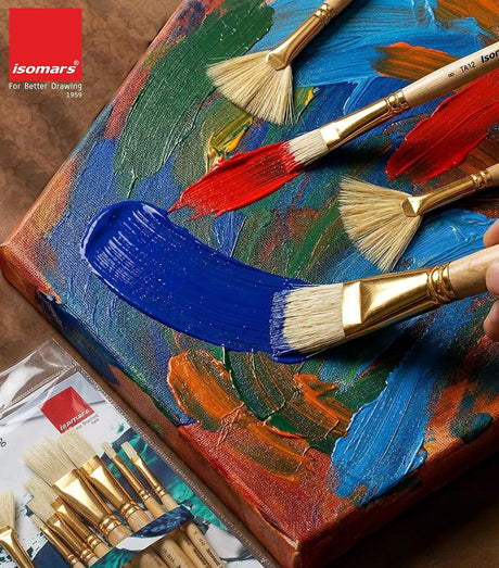 Isomars Flat Hog Hair Paint Brush Set of 8 with Fan Brush – Professional Long Handle Artist Brushes for Oil, Acrylic & Canvas Painting | Natural Bristles for Smooth, Even Strokes - Isomars