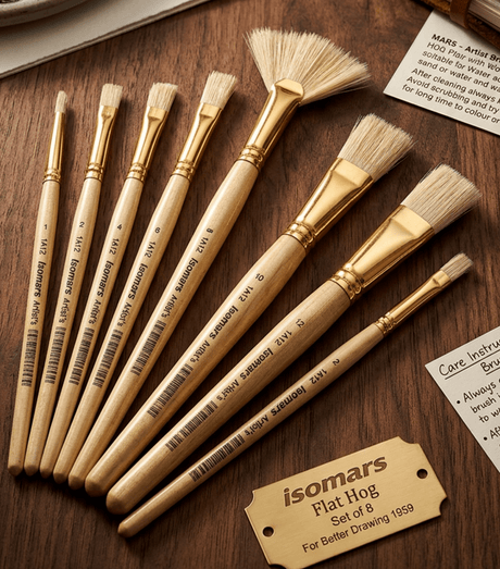 Isomars Flat Hog Hair Paint Brush Set of 8 with Fan Brush – Professional Long Handle Artist Brushes for Oil, Acrylic & Canvas Painting | Natural Bristles for Smooth, Even Strokes - Isomars