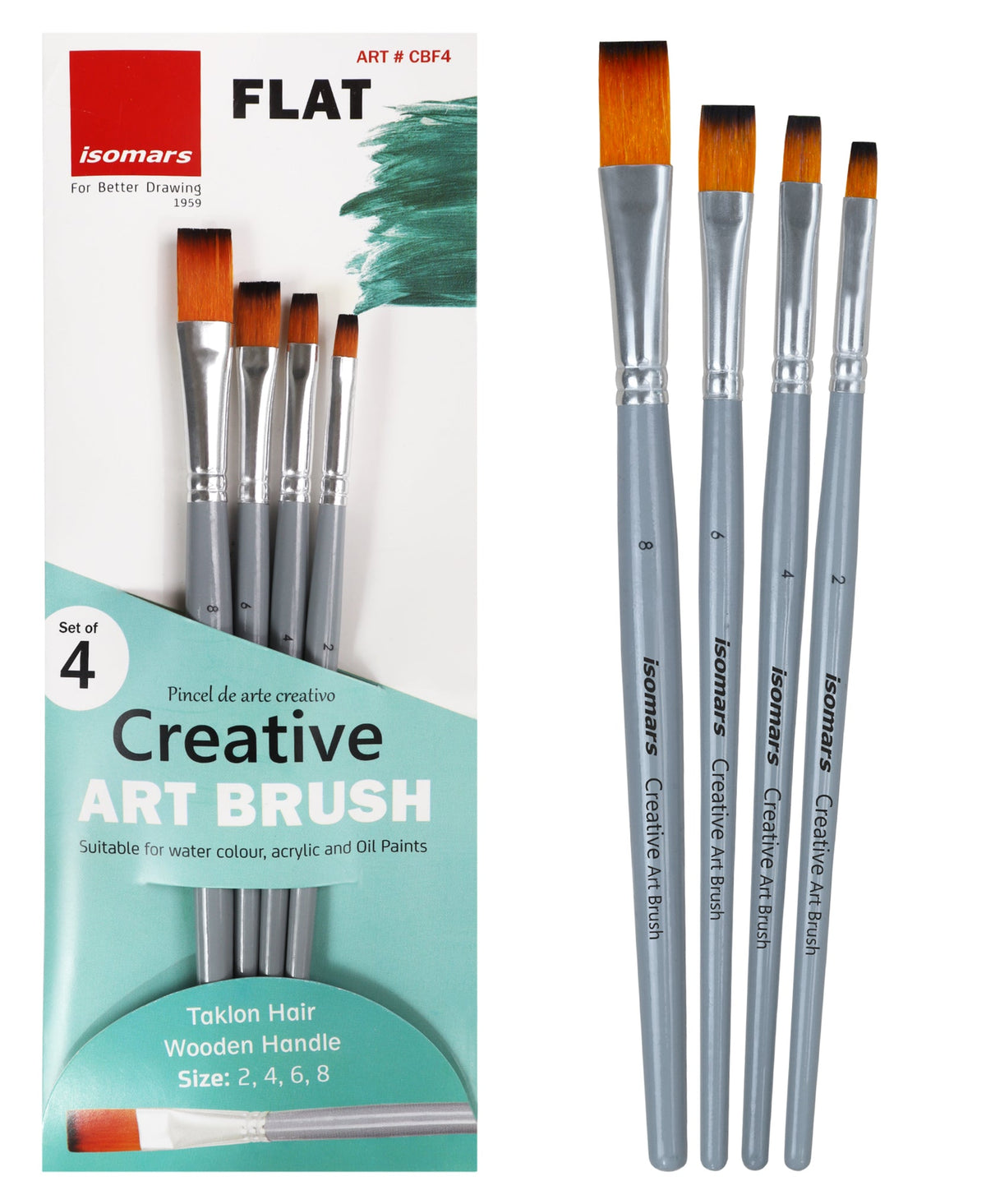 Isomars Flat Paint Brush Set of 4 - Taklon Hair, Sizes 2, 4, 6, 8 - Isomars