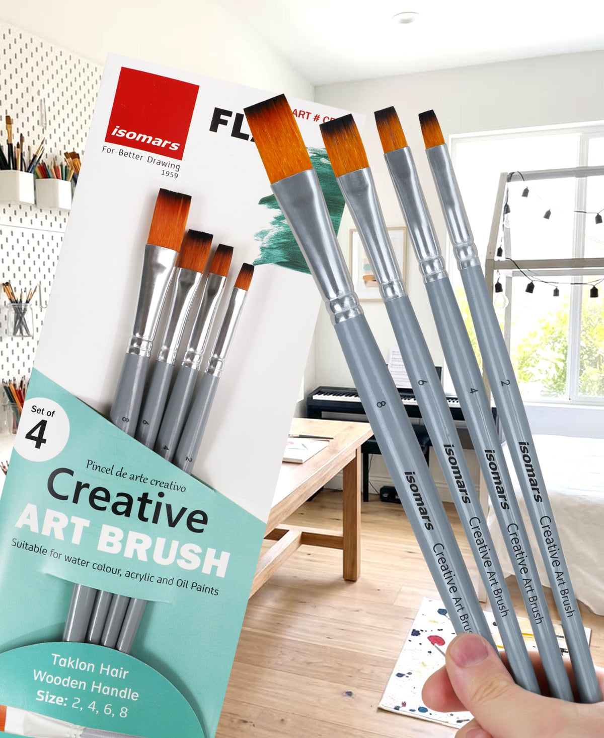 Isomars Flat Paint Brush Set of 4 - Taklon Hair, Sizes 2, 4, 6, 8 - Isomars