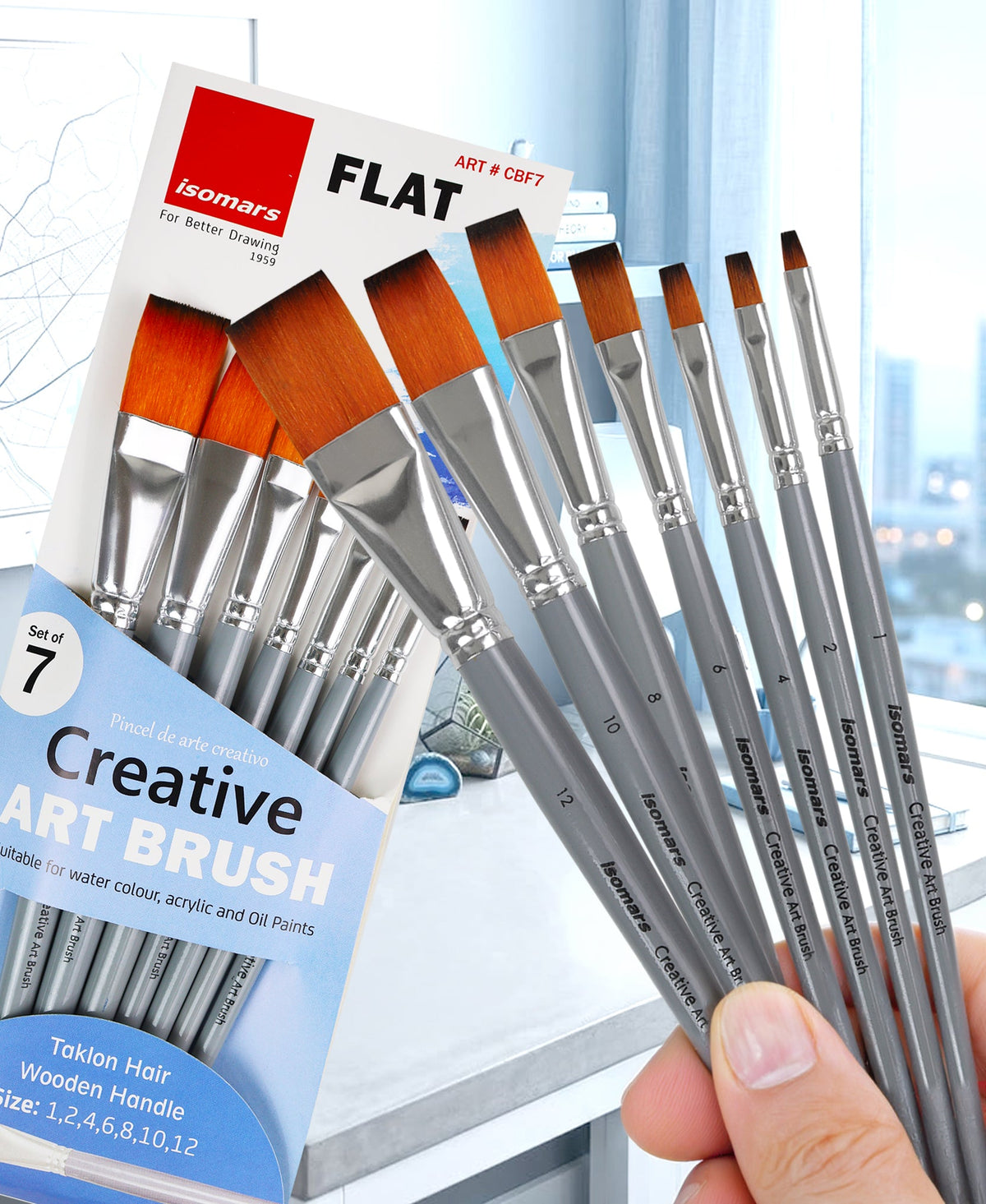 Isomars Flat Paint Brush Set of 7 - Taklon Hair, Sizes 1 to 12 - Isomars