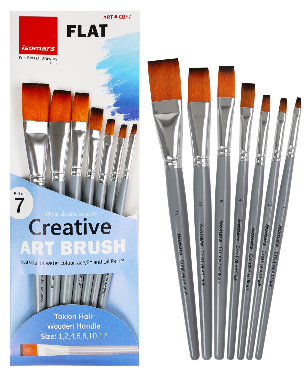 Isomars Flat Paint Brush Set of 7 - Taklon Hair, Sizes 1 to 12 - Isomars
