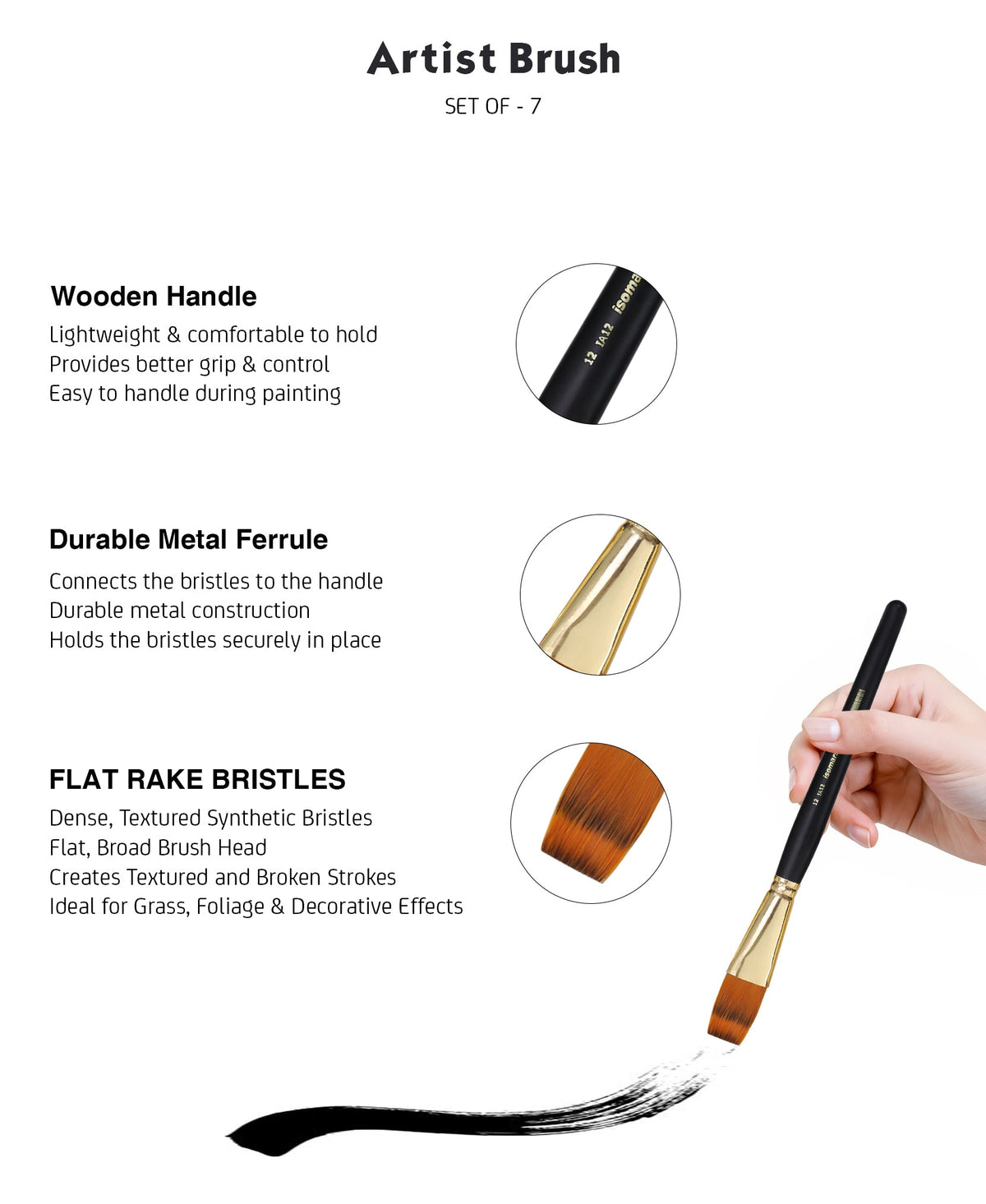 Isomars Flat Rake Paint Brush Set of 7 for Acrylic, Oil & Watercolor - Isomars