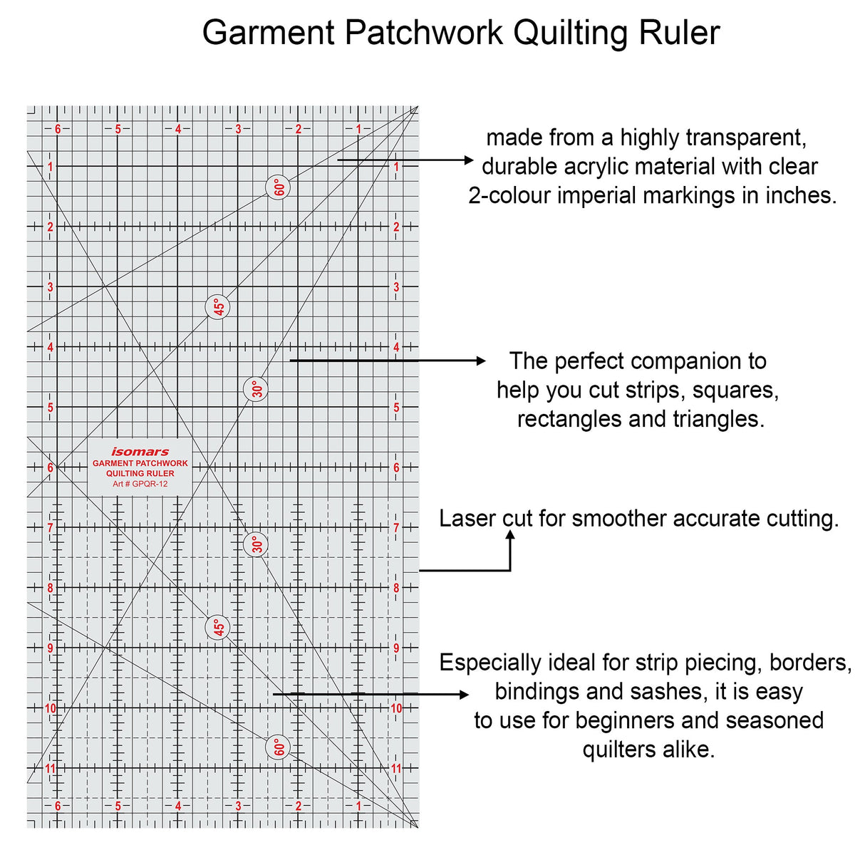 Isomars Garment Patchwork Quilting Ruler 12 x 6.5 Inch Acrylic - Isomars