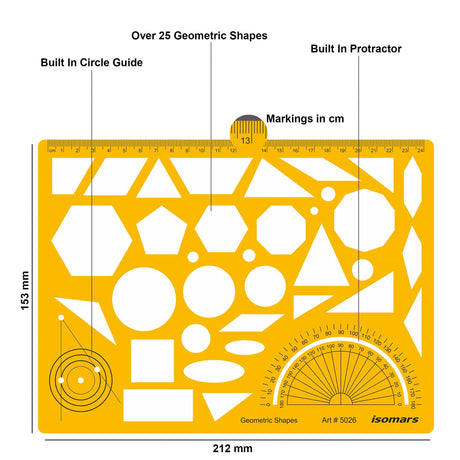 Isomars Geometric Shapes Drawing Template, Professional Drafting Tool with Protractor - Isomars