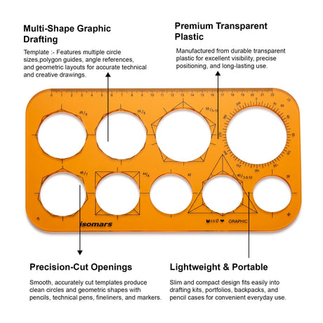 Isomars Graphic Circle Drawing Template | Transparent Geometric Drafting Stencil with Circles, Polygon Guides, Angle Scale & Metric Ruler | Ideal for Architects, Engineers, Designers, Artists & Students - Isomars