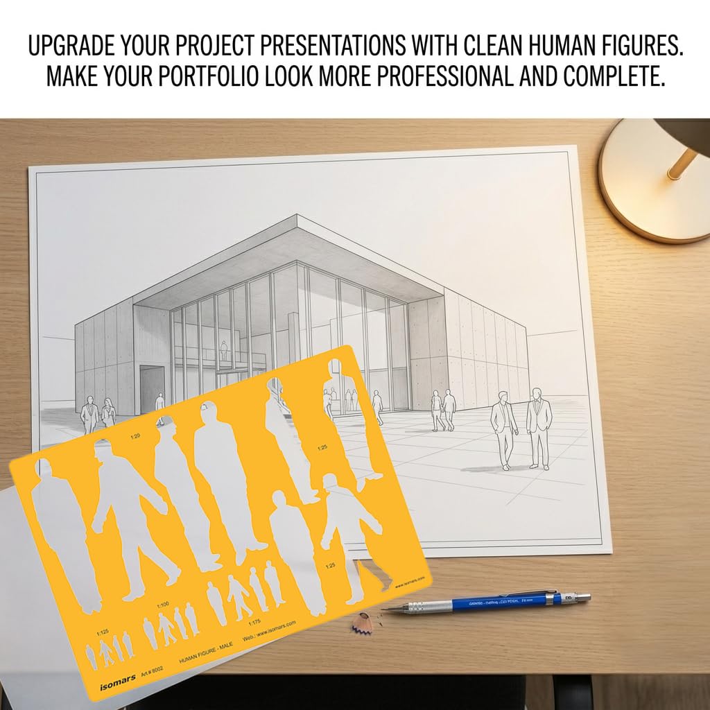 Isomars Human Figure Male & Female Template Combo, Multi Scale Architectural People Stencil Set with 40 Human Silhouettes in 1:20, 1:25, 1:100, 1:125 & 1:175 for Architecture, Interior Design, Urban Planning & Blueprint Rendering - Isomars