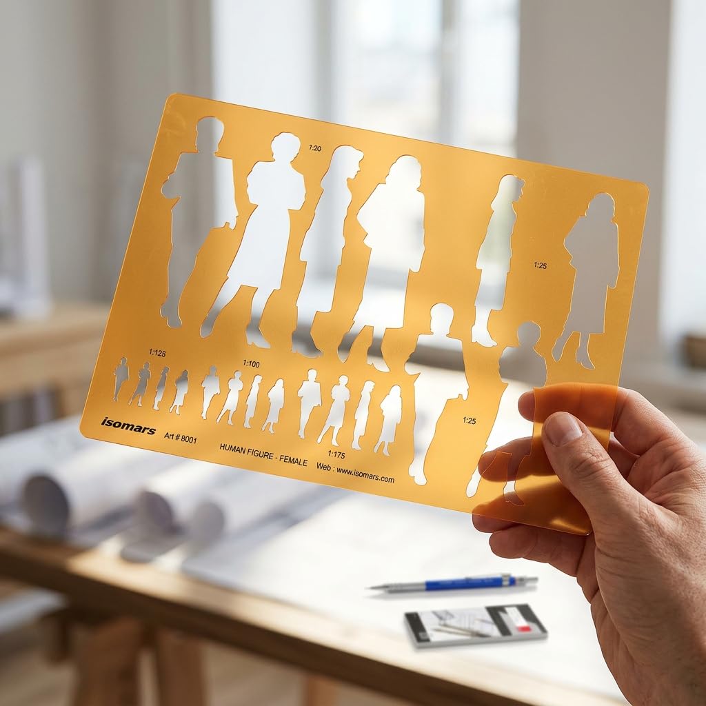 Isomars Human Figure Male & Female Template Combo, Multi Scale Architectural People Stencil Set with 40 Human Silhouettes in 1:20, 1:25, 1:100, 1:125 & 1:175 for Architecture, Interior Design, Urban Planning & Blueprint Rendering - Isomars