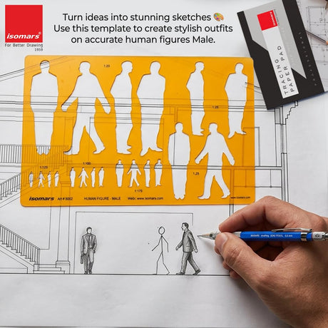 Isomars Human Figure Male & Female Template Combo, Multi Scale Architectural People Stencil Set with 40 Human Silhouettes in 1:20, 1:25, 1:100, 1:125 & 1:175 for Architecture, Interior Design, Urban Planning & Blueprint Rendering - Isomars