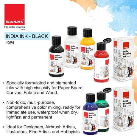 Isomars India Waterproof Drawing Ink, 100ml x 6 Colours, Fadeproof, Non-Toxic, Professional Art Supplies - Isomars